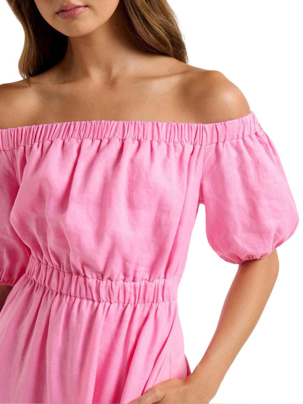 Ever New Milan 100% Linen Bright Pink Bardot Midi Dress | Off-Shoulder Open Back - Picture 5 of 13